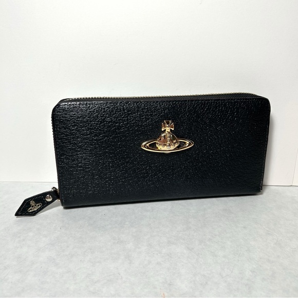 Vivienne Westwood Handbags - Vivienne Westwood Black Zip-Around Cont. Leather Wallet with Gold Orb Logo EUC